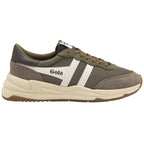 A single Gola men's sneaker in olive green with white stripes, side view.