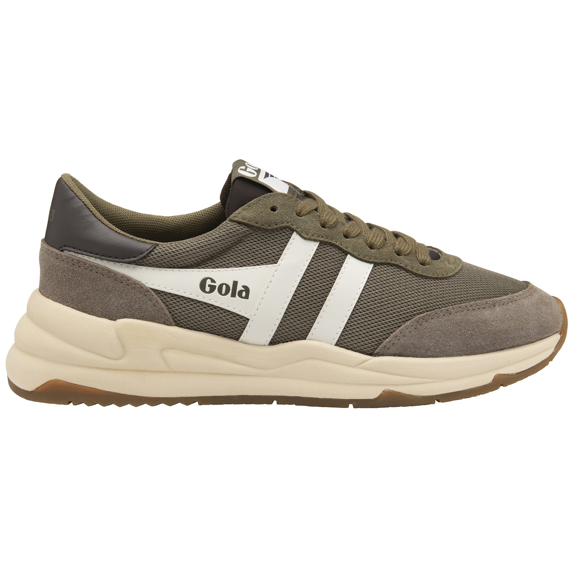 A single Gola men's sneaker in olive green with white stripes, side view.