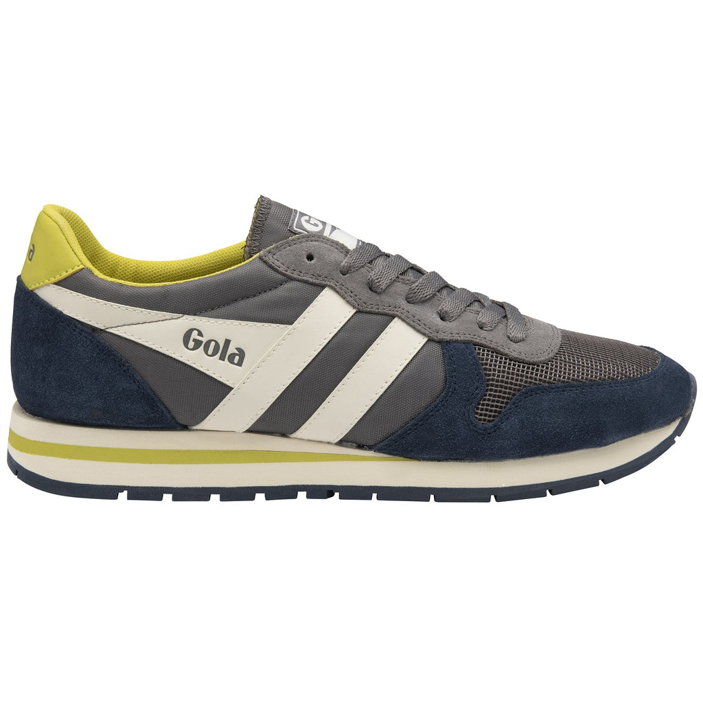 A single gray, navy, and lime green Gola sneaker with white stripes on a white background.