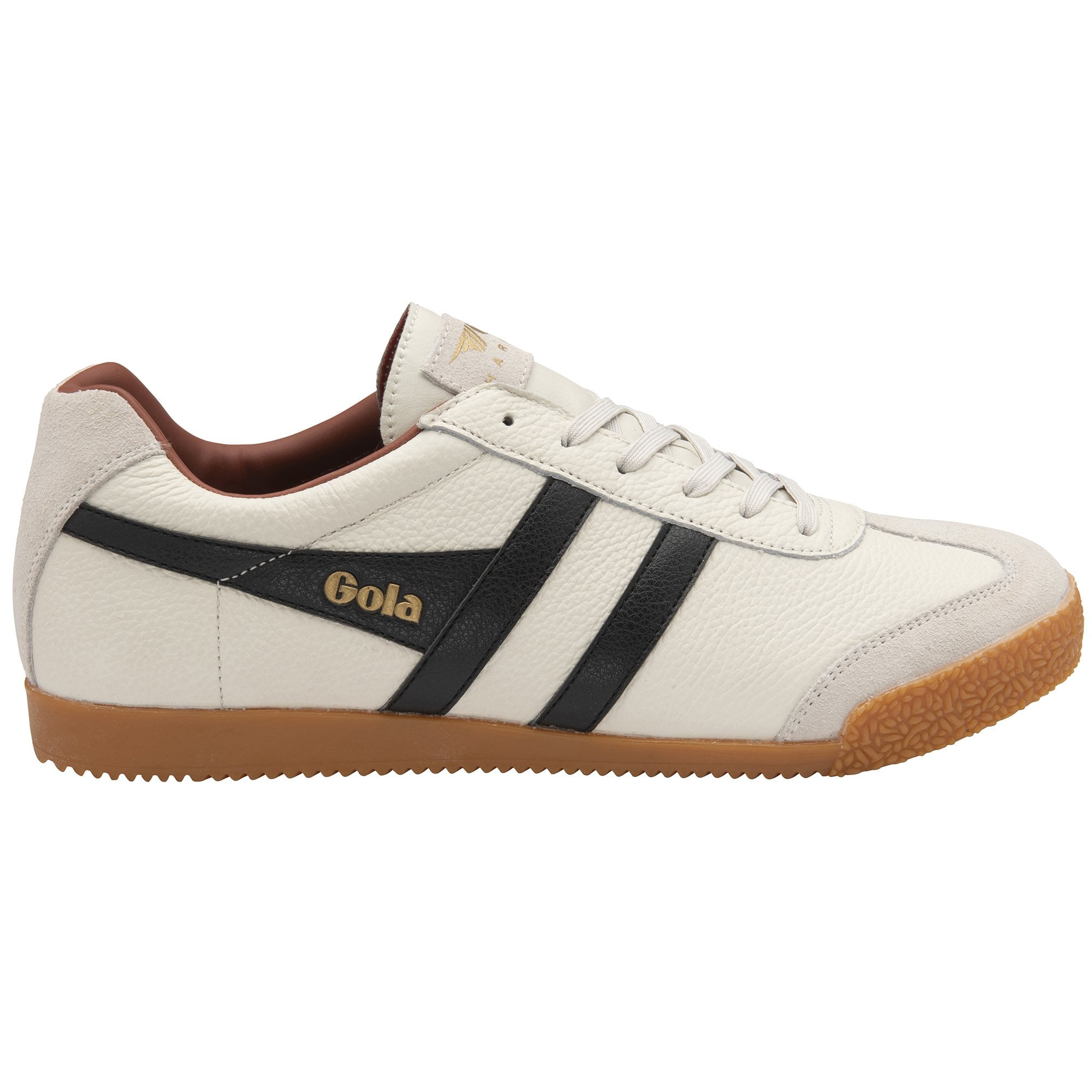 Side profile of a Gola men's sneaker in off-white with black stripes and a gum sole.