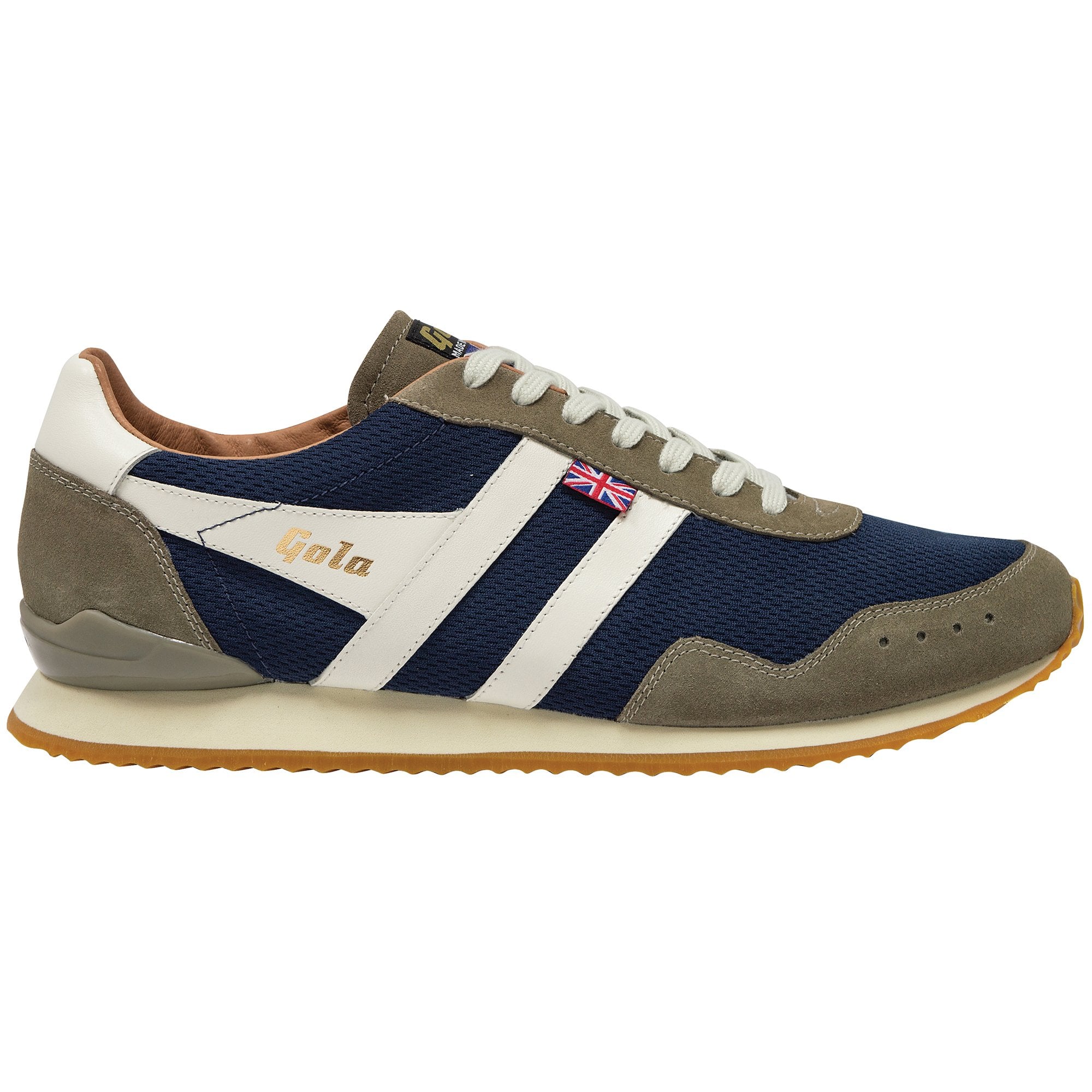 A single Gola men's sneaker in navy, grey, and white with a side view.