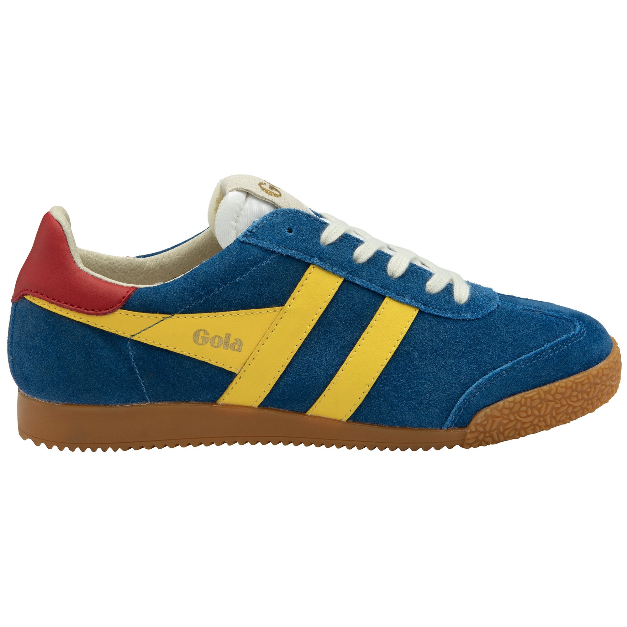 Side profile of a Gola men's Harrier sneaker in blue, yellow, and red on a white background.
