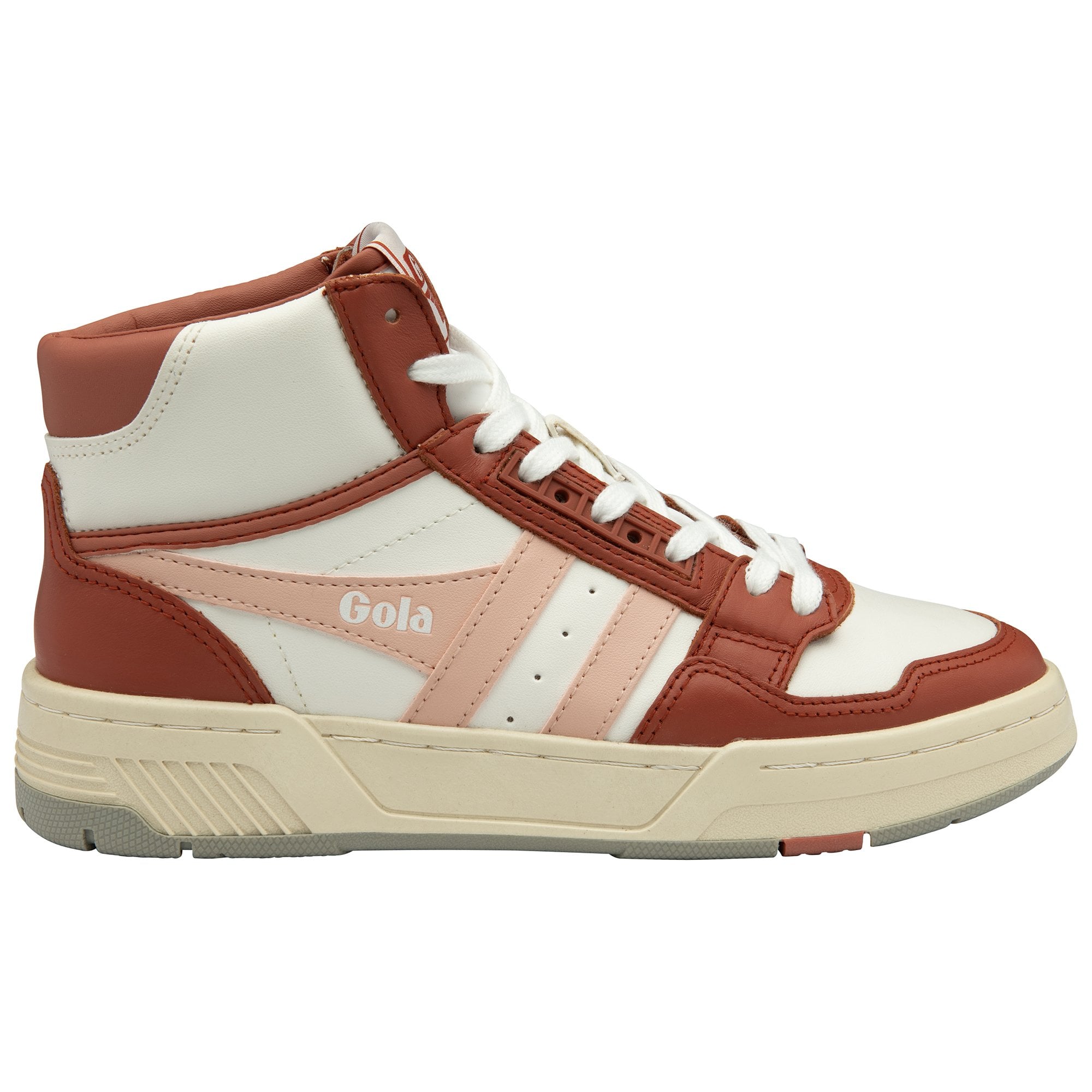 Right side view of a brown and white Gola high-top sneaker.