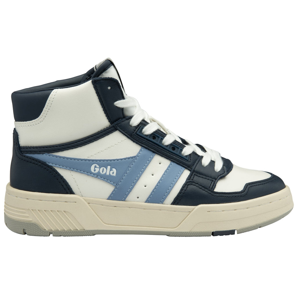 Side profile of a Gola men's shoe in white, navy, and light blue.