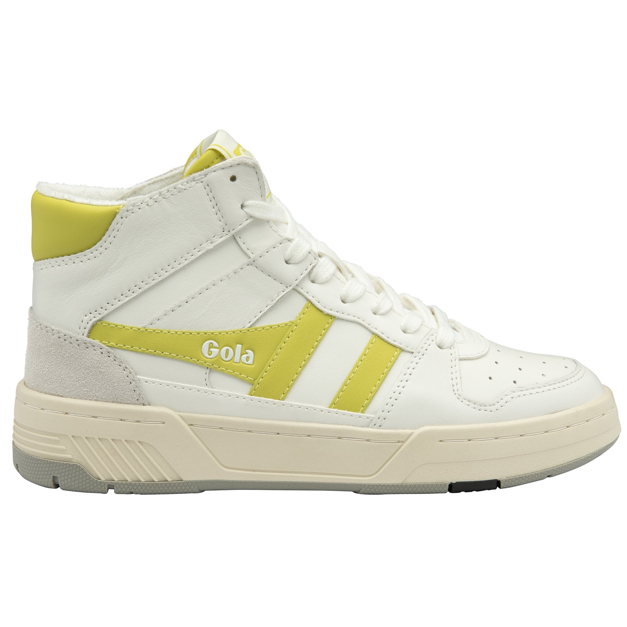 Right side view of a white Gola high-top sneaker with yellow accents on a white background.
