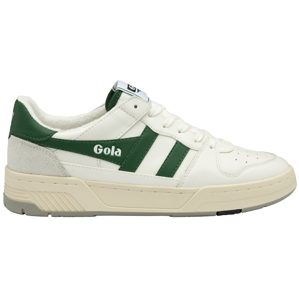 Side profile of a white Gola sneaker with green stripes and tan sole.
