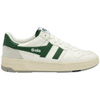 Side profile of a white Gola sneaker with green stripes and tan sole.