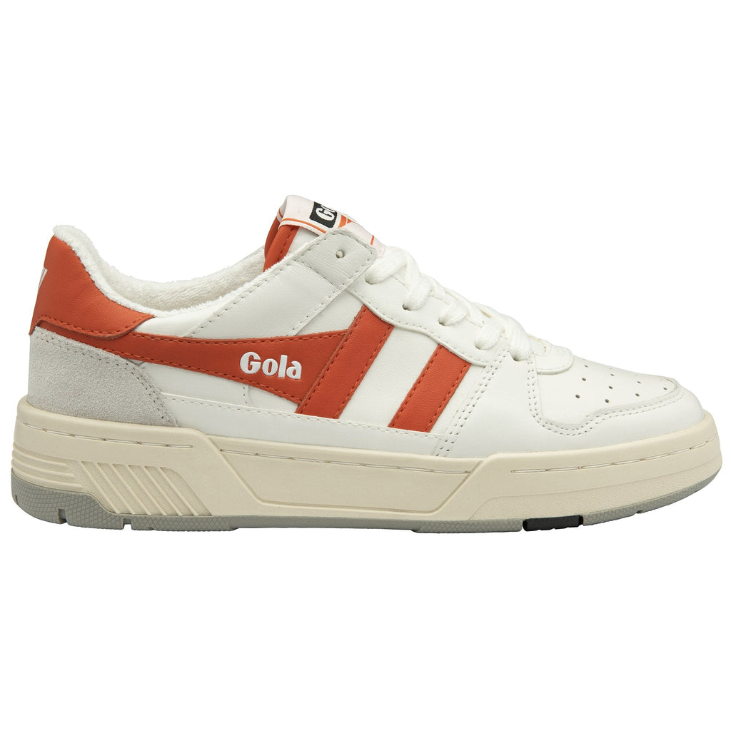 A single white and orange Gola sneaker, side view.