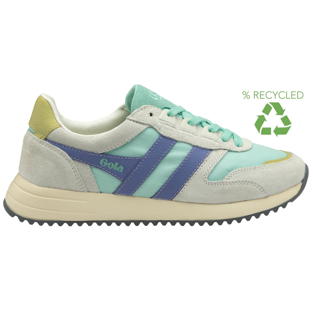 Side view of a mint green and lavender sneaker, showing its recycled materials.