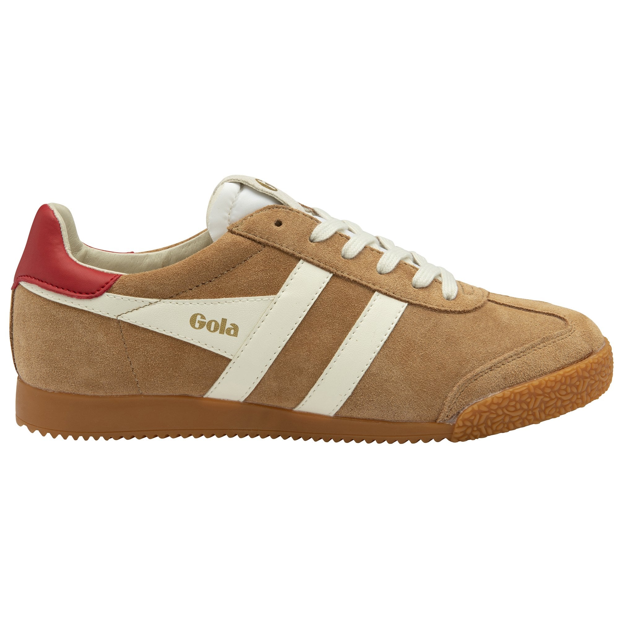 Side profile of a Gola Harrier suede sneaker in tan with white stripes and a red heel tab.