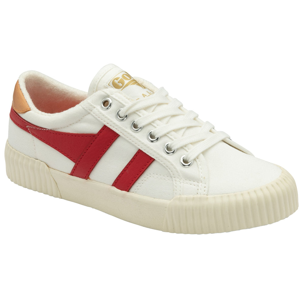 Side profile of a white sneaker with two red stripes on the side.