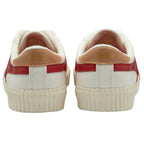 Back view of a pair of white sneakers with red accents and brown heel tabs.