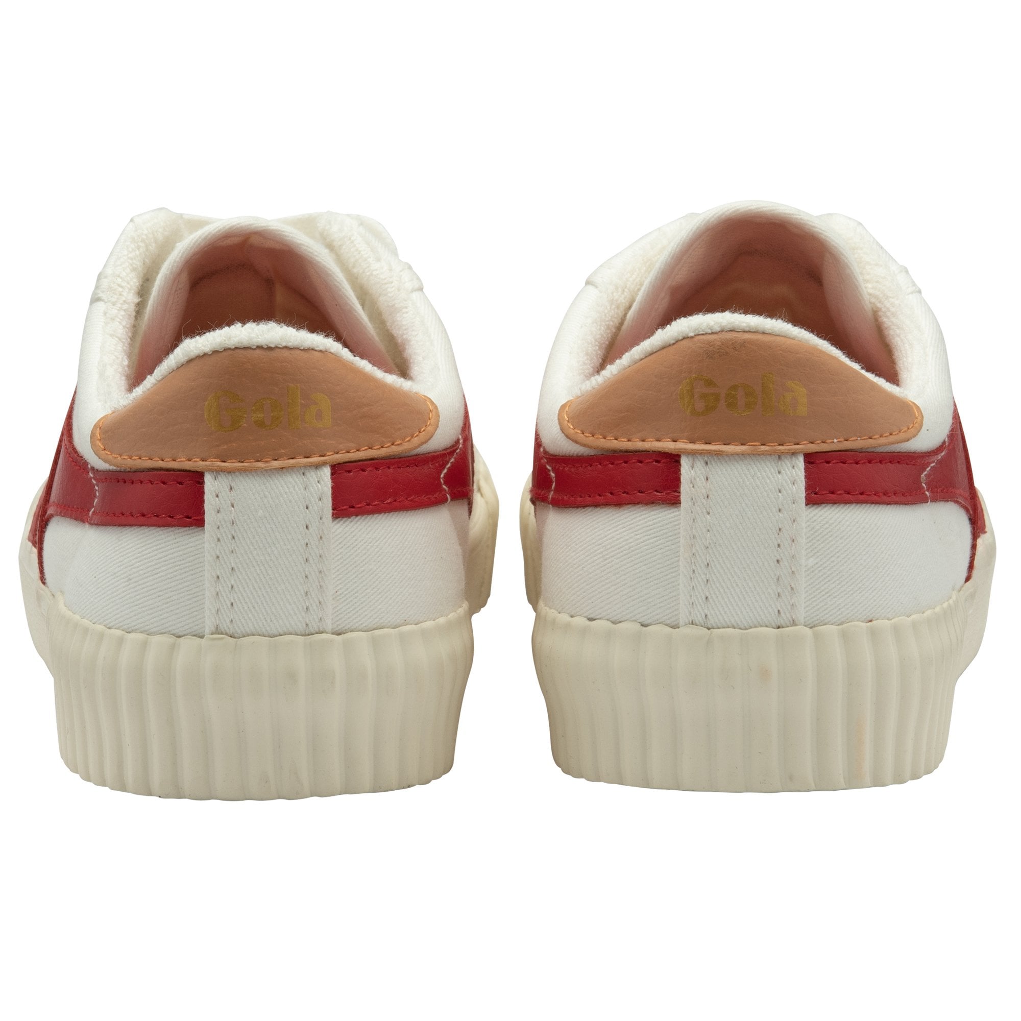Back view of a pair of white sneakers with red accents and brown heel tabs.