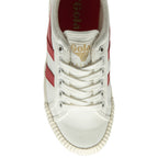 Top-down view of a white sneaker with two red stripes and white laces.