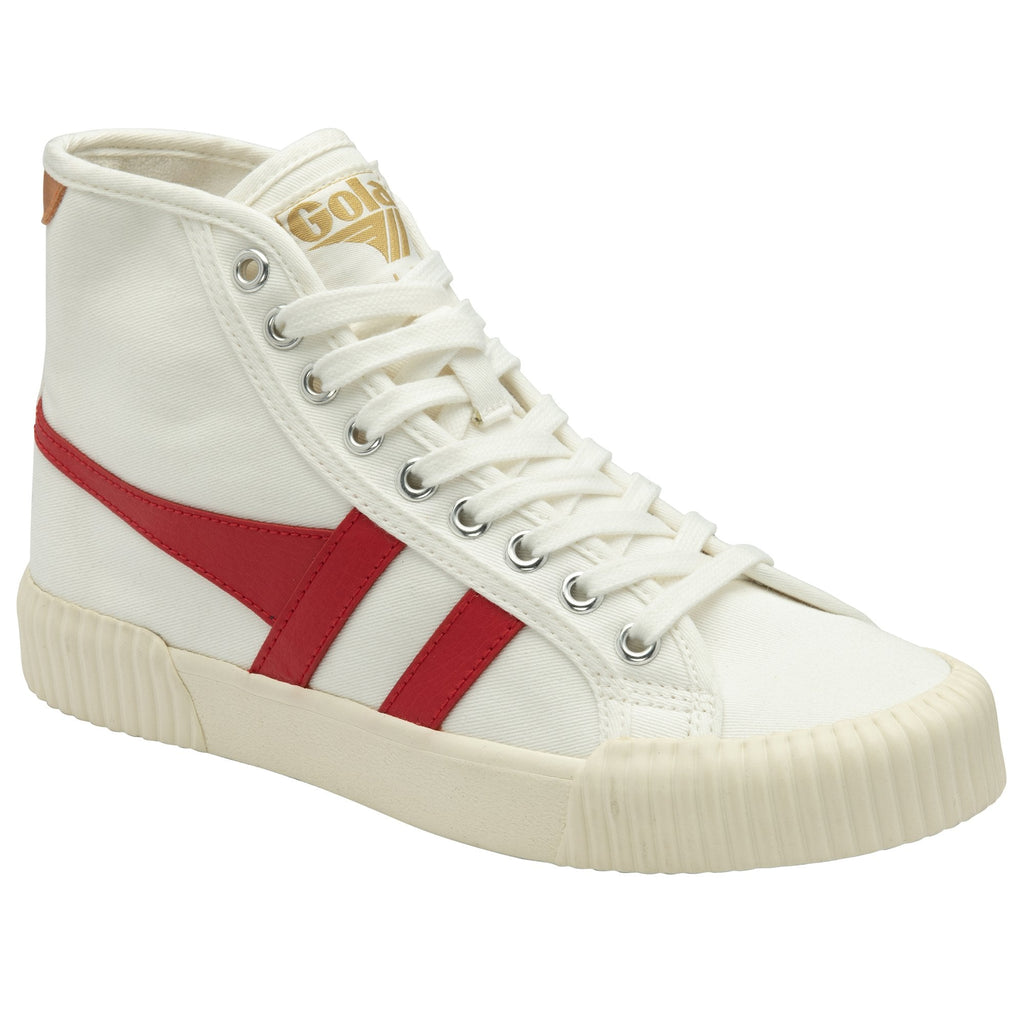 Angled side view of a white Gola high-top sneaker with red stripes.