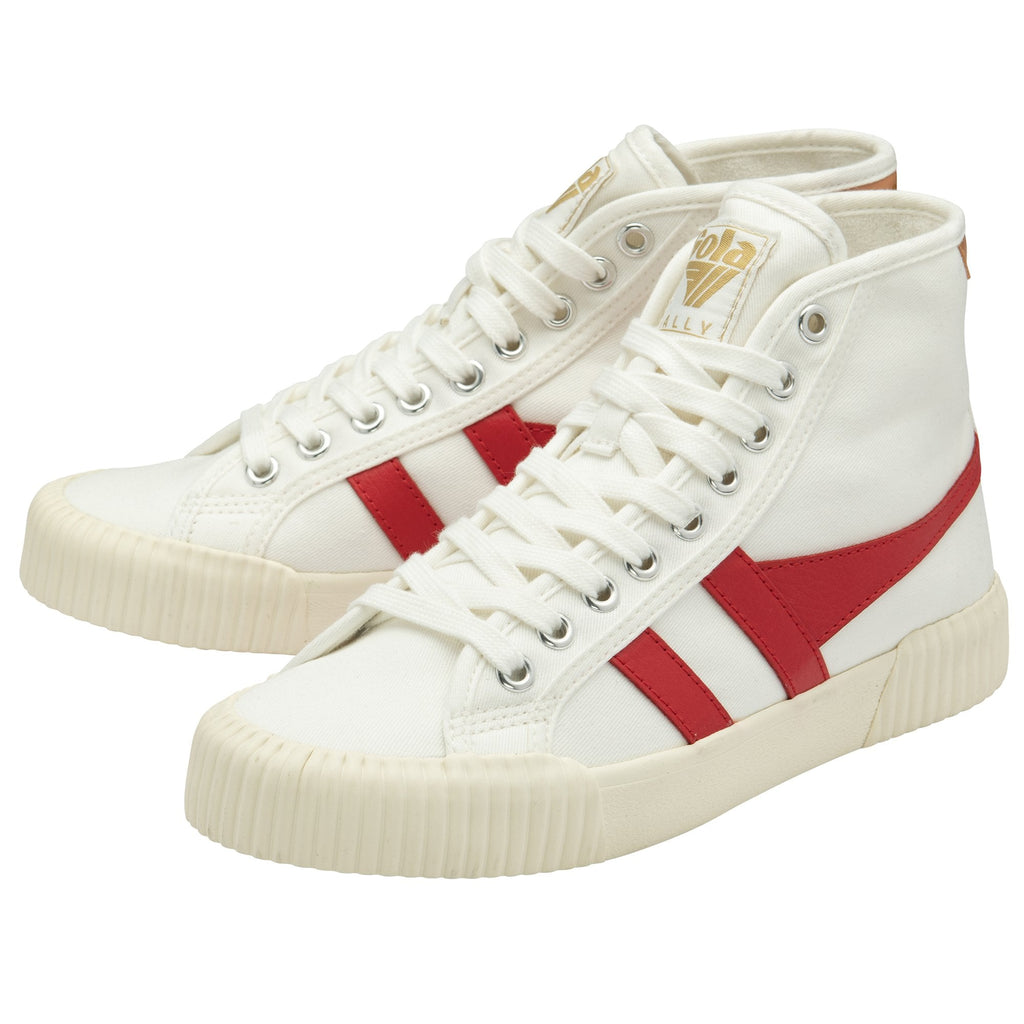 Pair of white Gola high-top sneakers with red stripes.