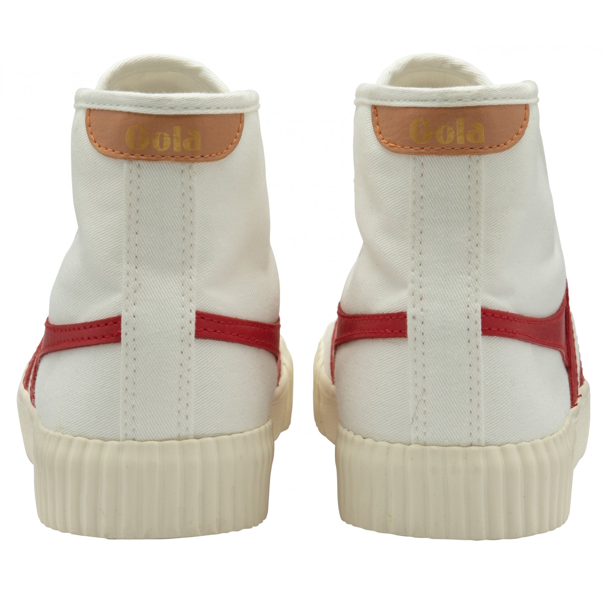 Rear view of a pair of white Gola high-top sneakers with red stripes.