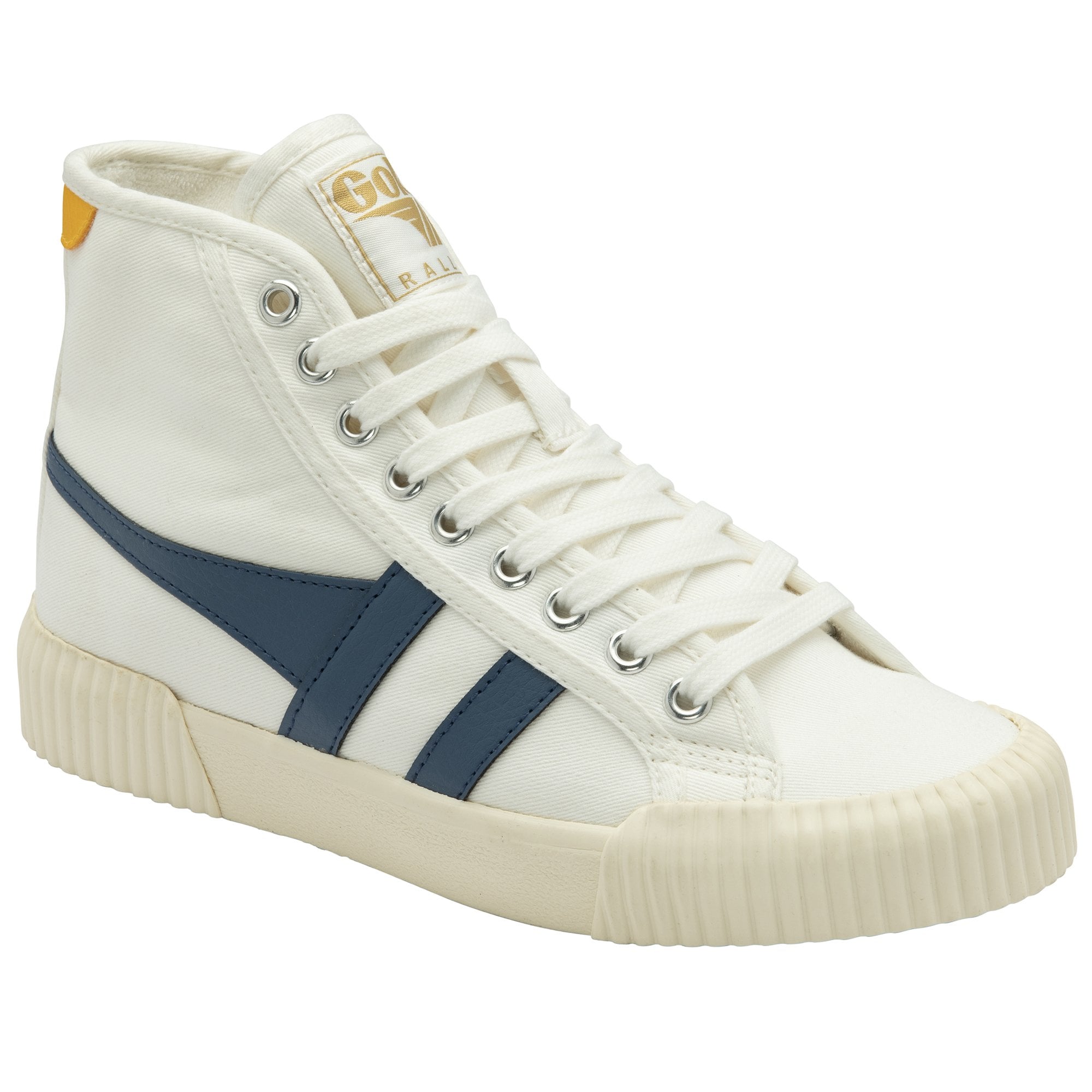 Side view of a Gola white canvas high-top sneaker with blue stripes and a yellow heel tab.