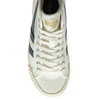 Top-down view of a Gola white canvas high-top sneaker with blue stripes.