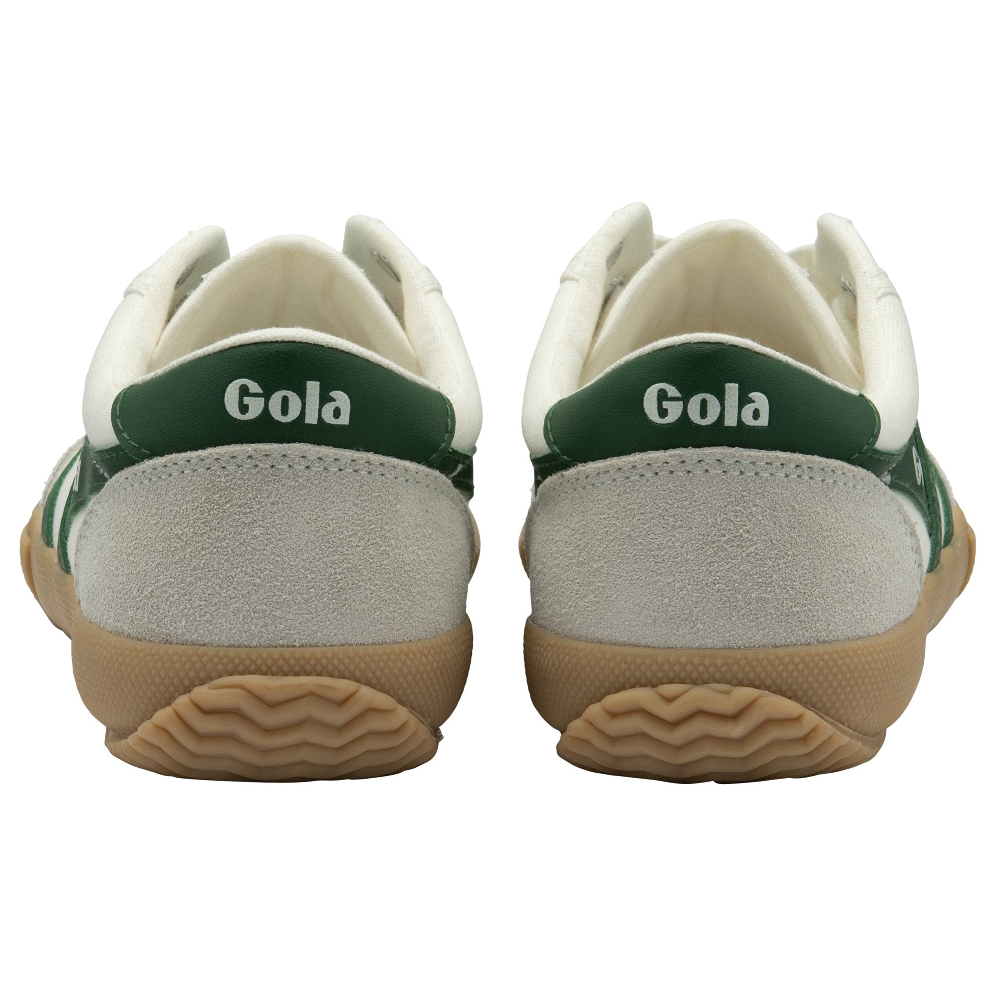 Rear view of Gola men's low-top sneakers in white and green.