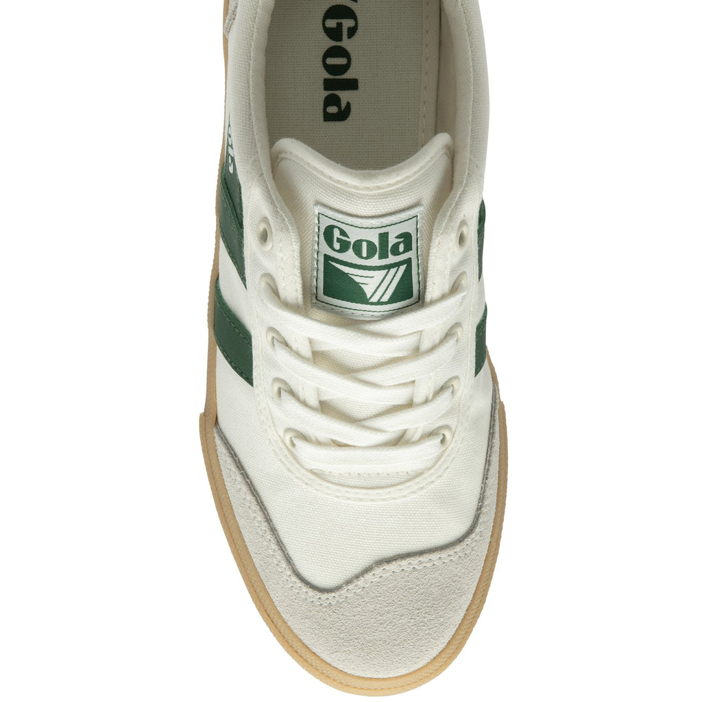 Top-down view of a white and green Gola men's low-top sneaker.