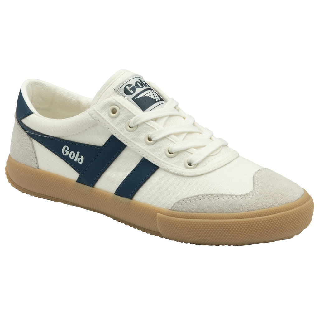A single white Gola sneaker with navy blue stripes and a gum sole, angled slightly.