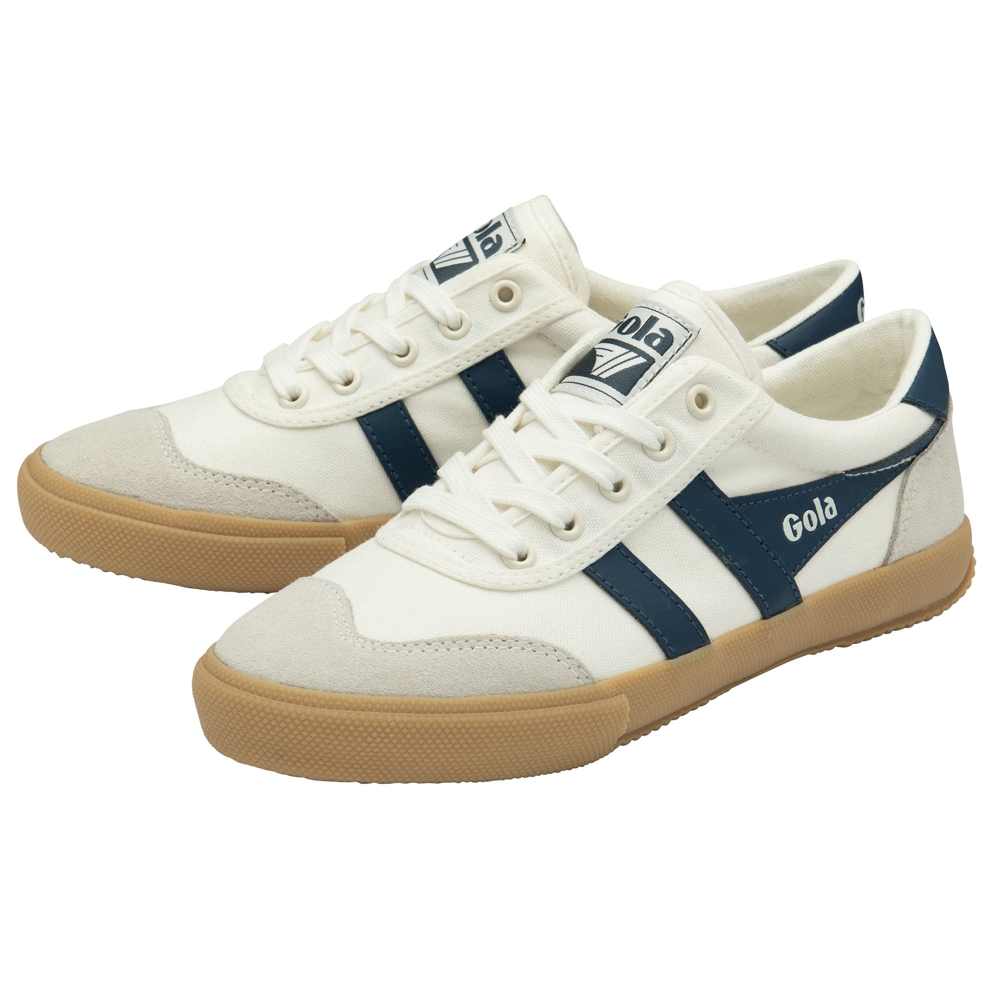 A pair of white Gola sneakers with navy blue stripes and gum soles, angled on a white background.