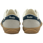 The backs of two white Gola sneakers, showing the Gola logo on navy blue heel tabs.