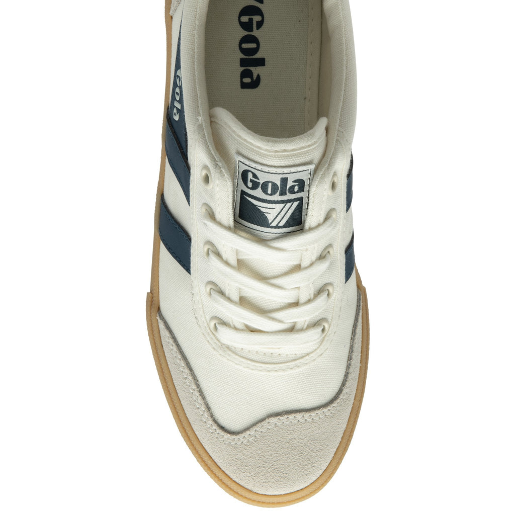 An overhead view of a white Gola sneaker with navy blue stripes and a gum sole.