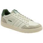 Cream and green Gola sneakers, front right view.