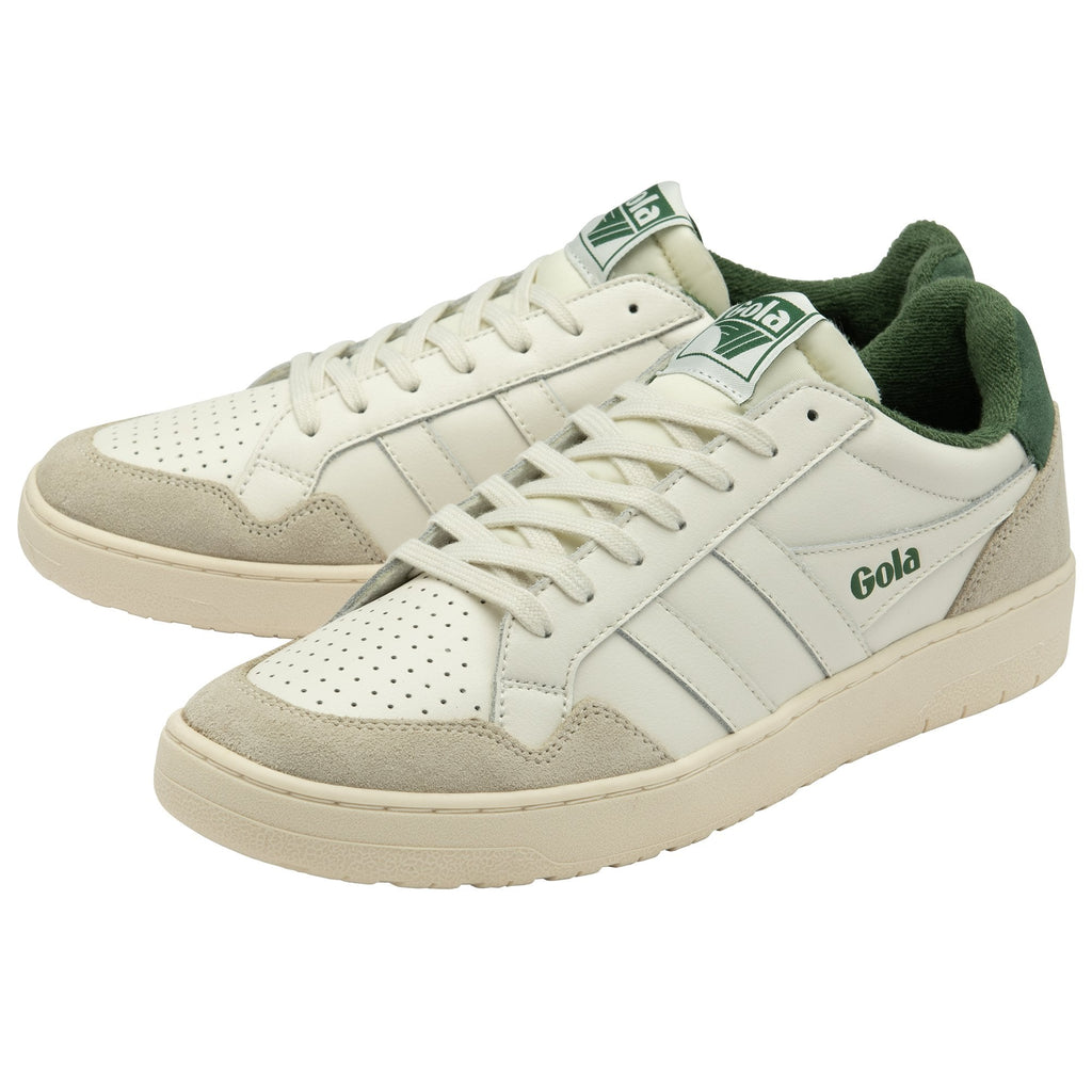 Pair of cream and green Gola sneakers, angled front view.