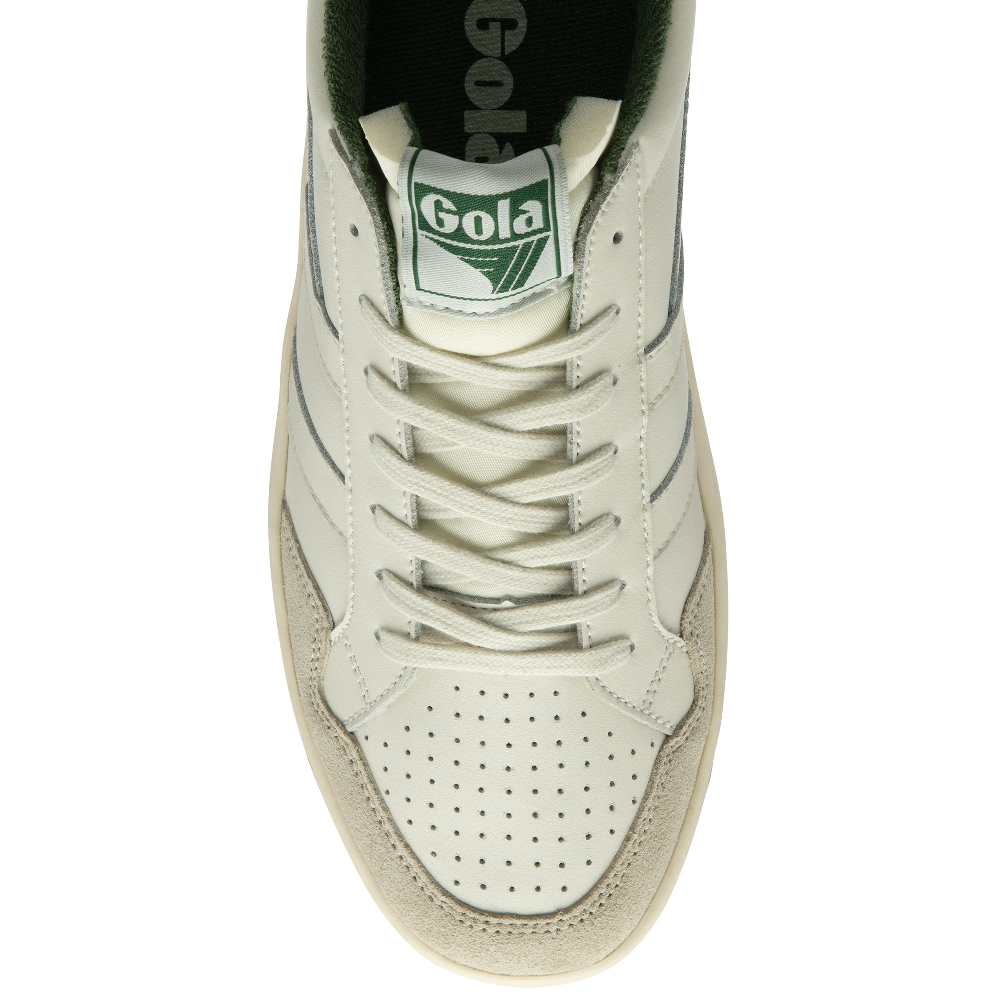 Top down view of cream and green Gola sneaker.