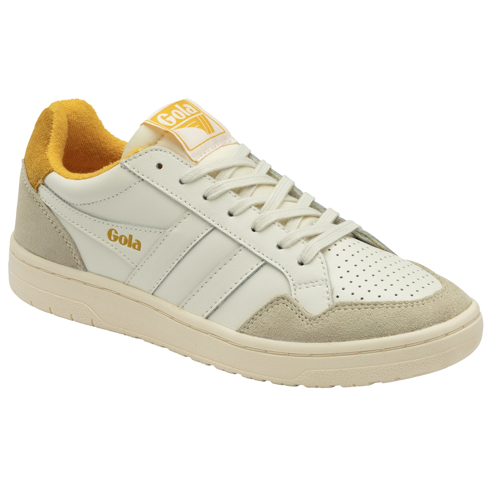 A single Gola low-top sneaker in white and yellow, angled to the left.
