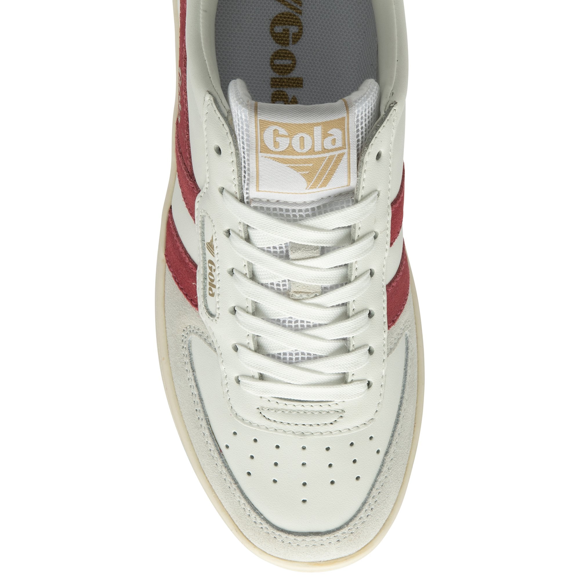 Top down view of a Gola women's white, red, and gold sneaker.