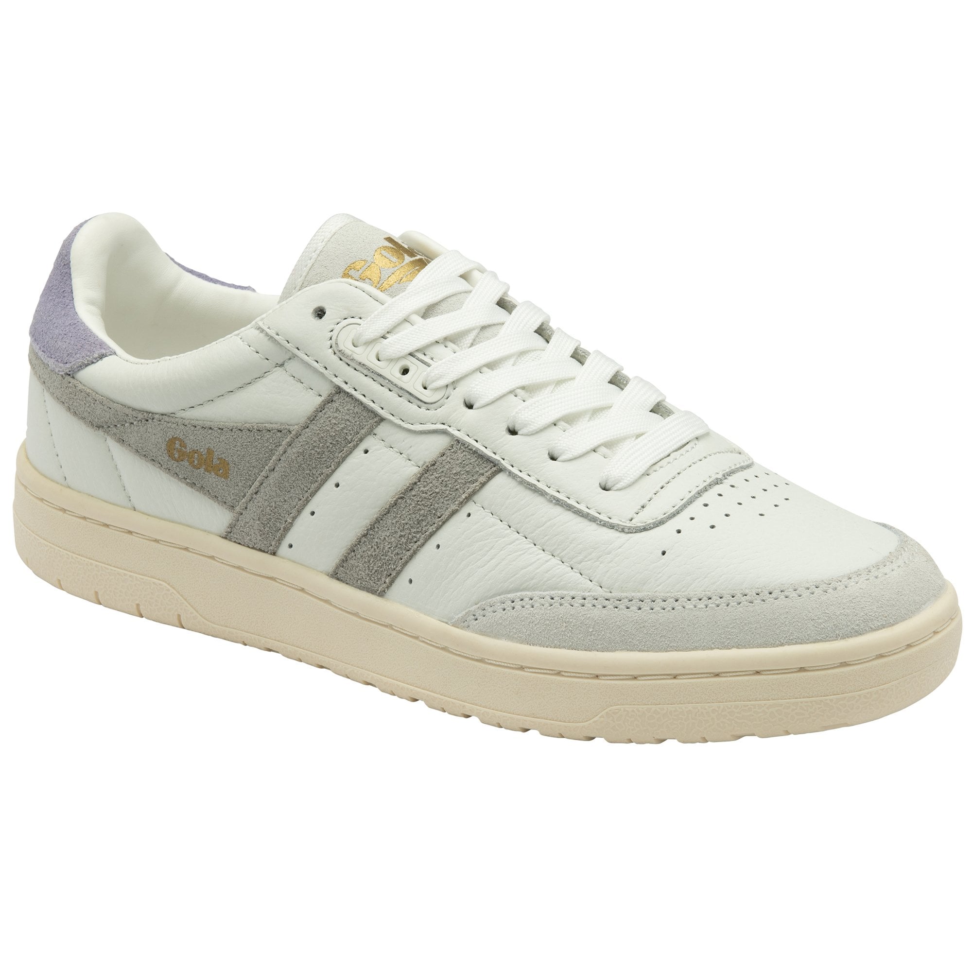 A single white and gray sneaker with a purple accent on the heel, viewed from the side.