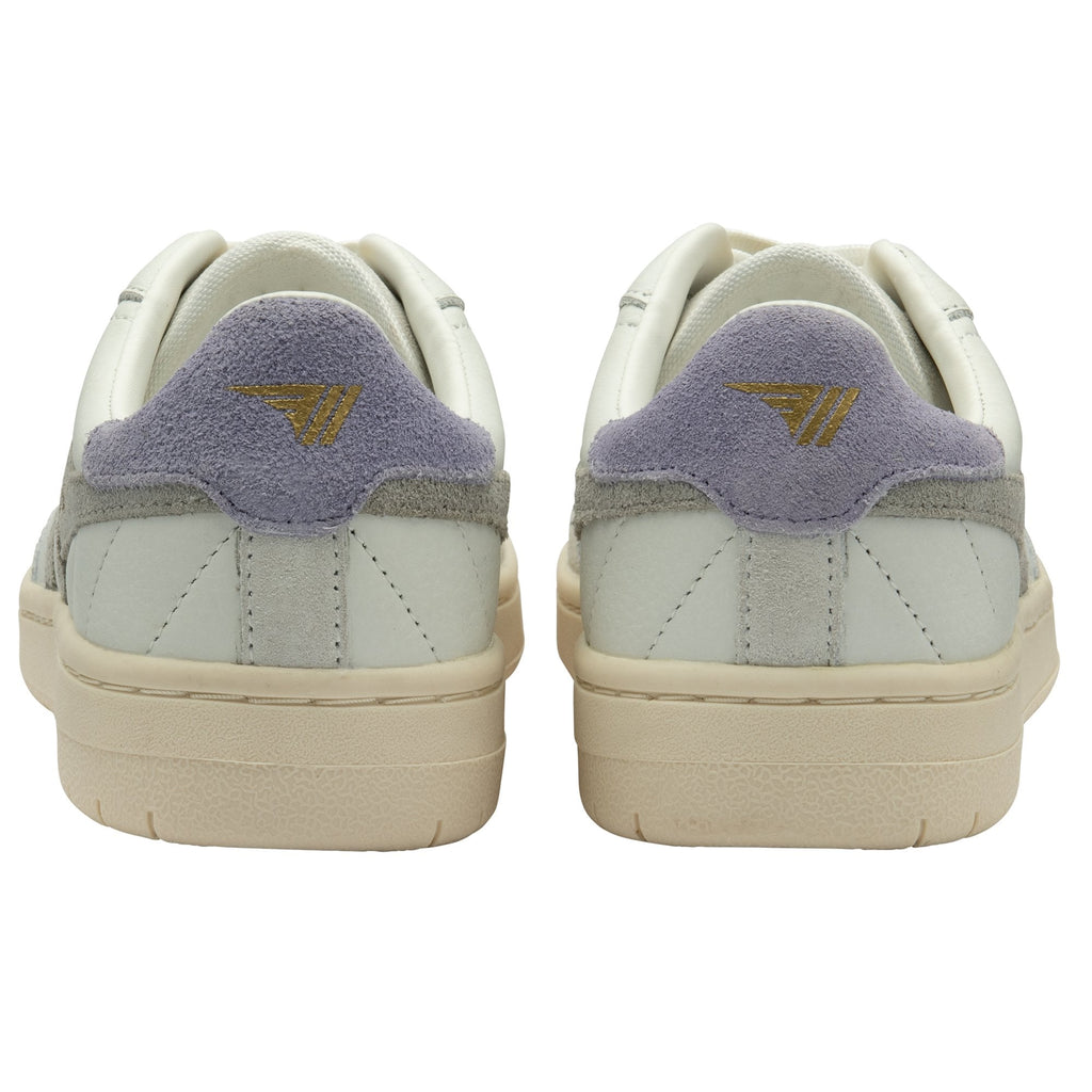 The back of a pair of white and gray sneakers, highlighting the purple heels.