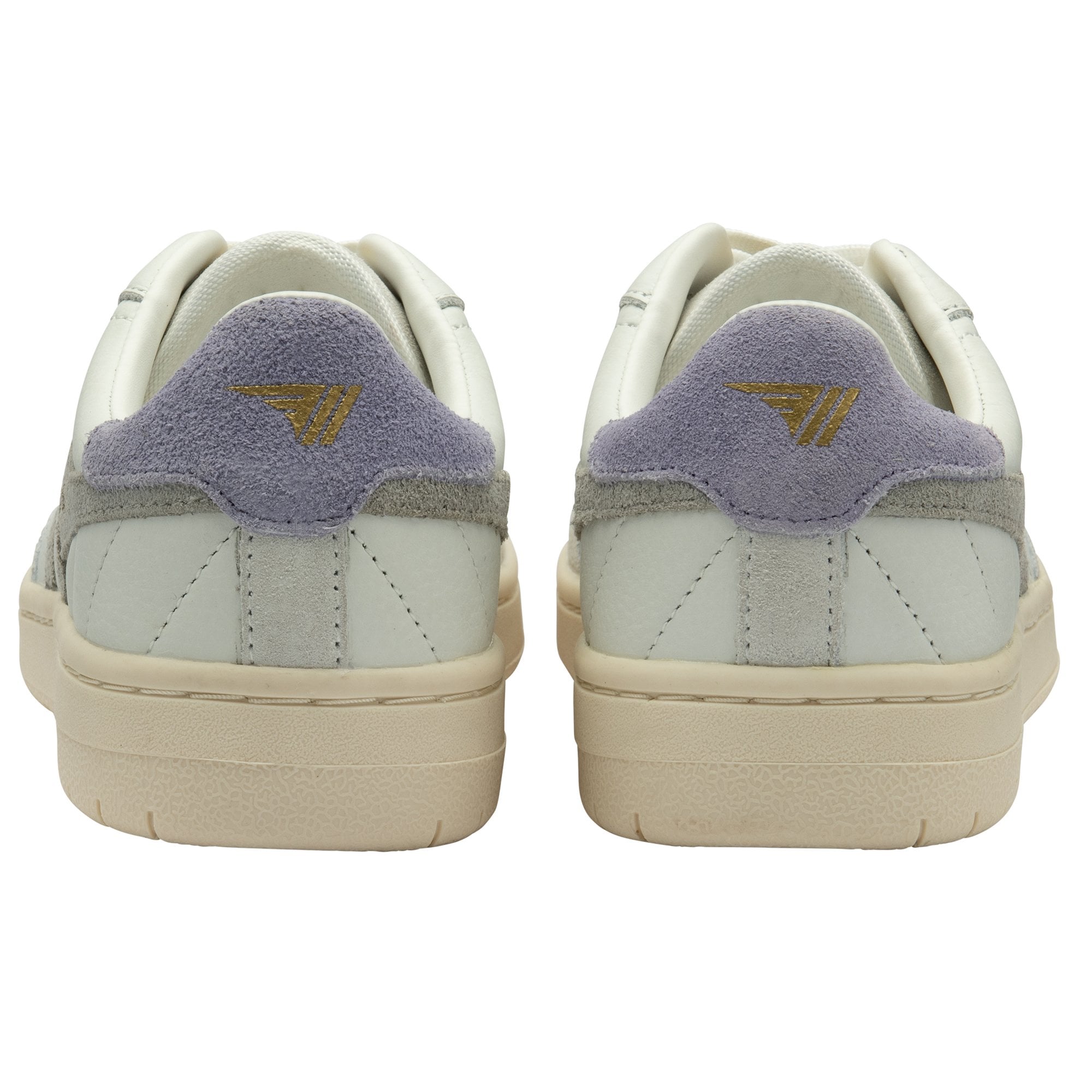 The back of a pair of white and gray sneakers, highlighting the purple heels.