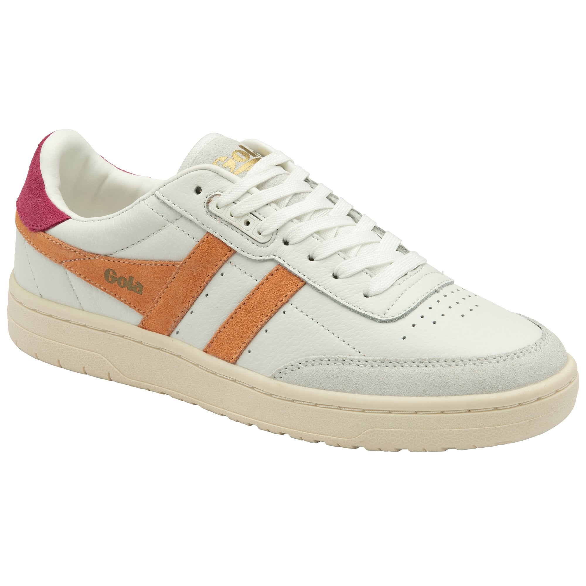 Angled view of an off-white sneaker with orange stripes and a pink heel.