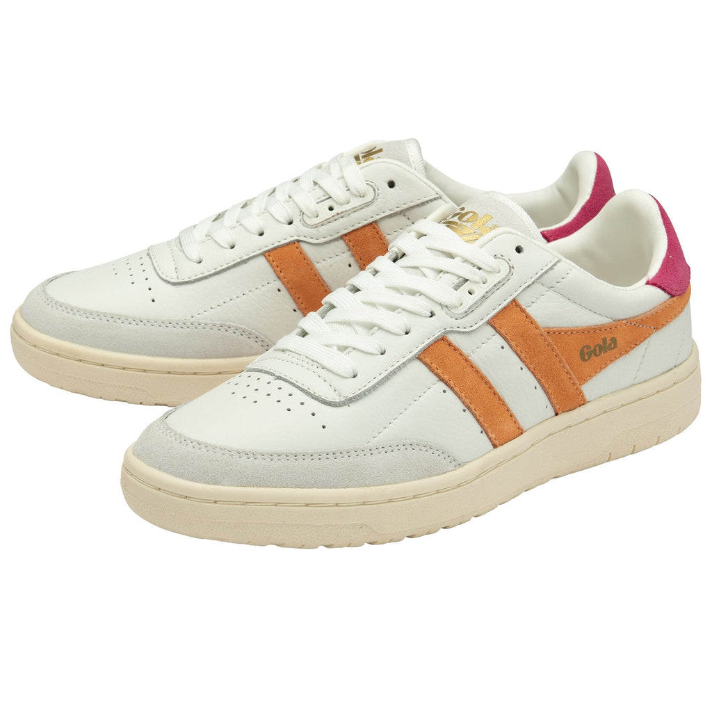 Pair of off-white sneakers with orange stripes and pink heels.