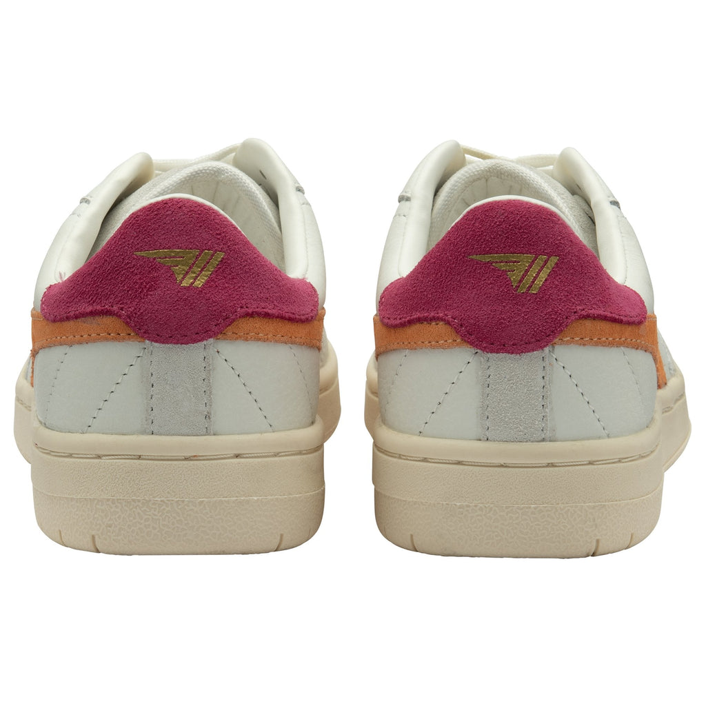 Rear view of two off-white sneakers with pink heels and gold logos.