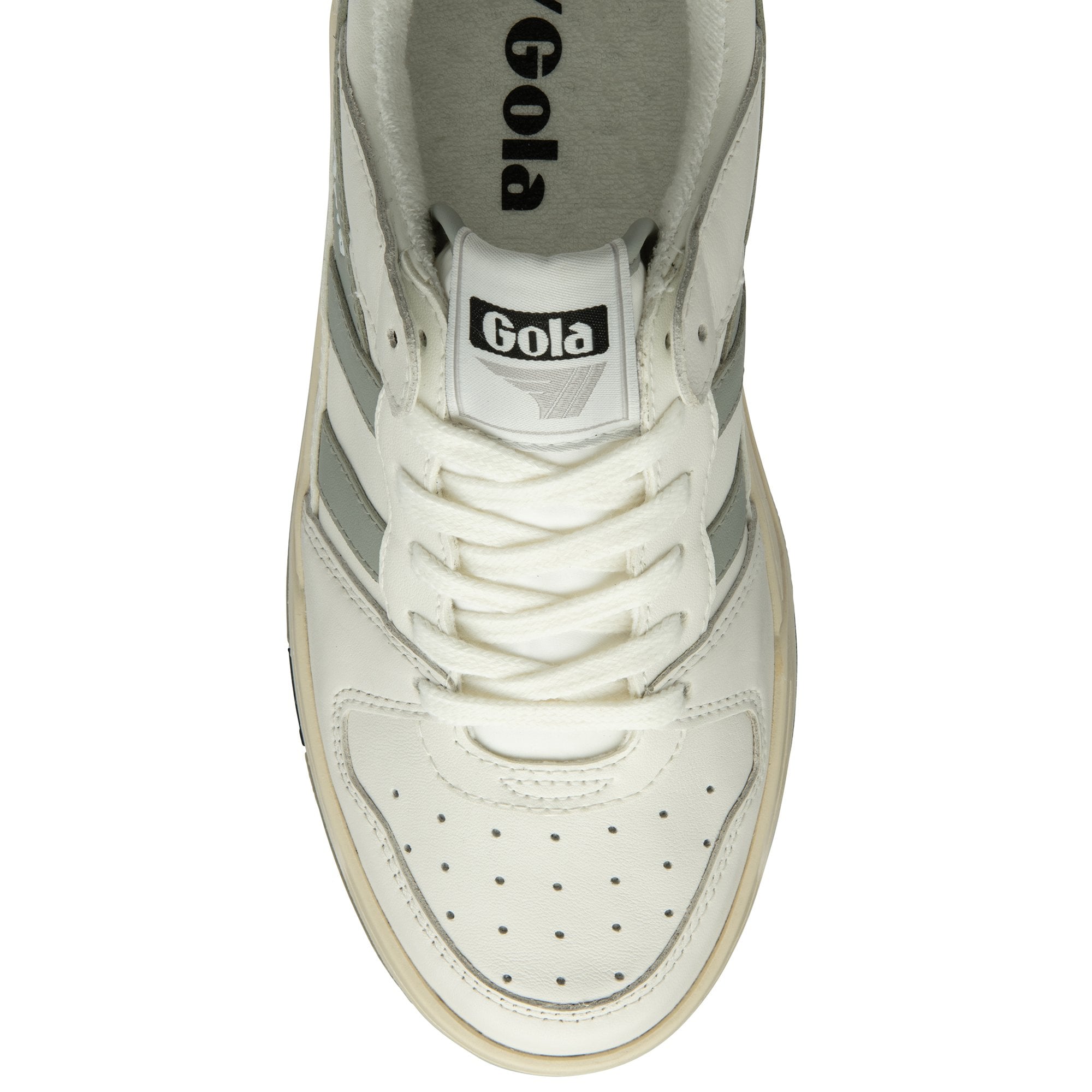 A white and grey Gola men's sneaker, top view.