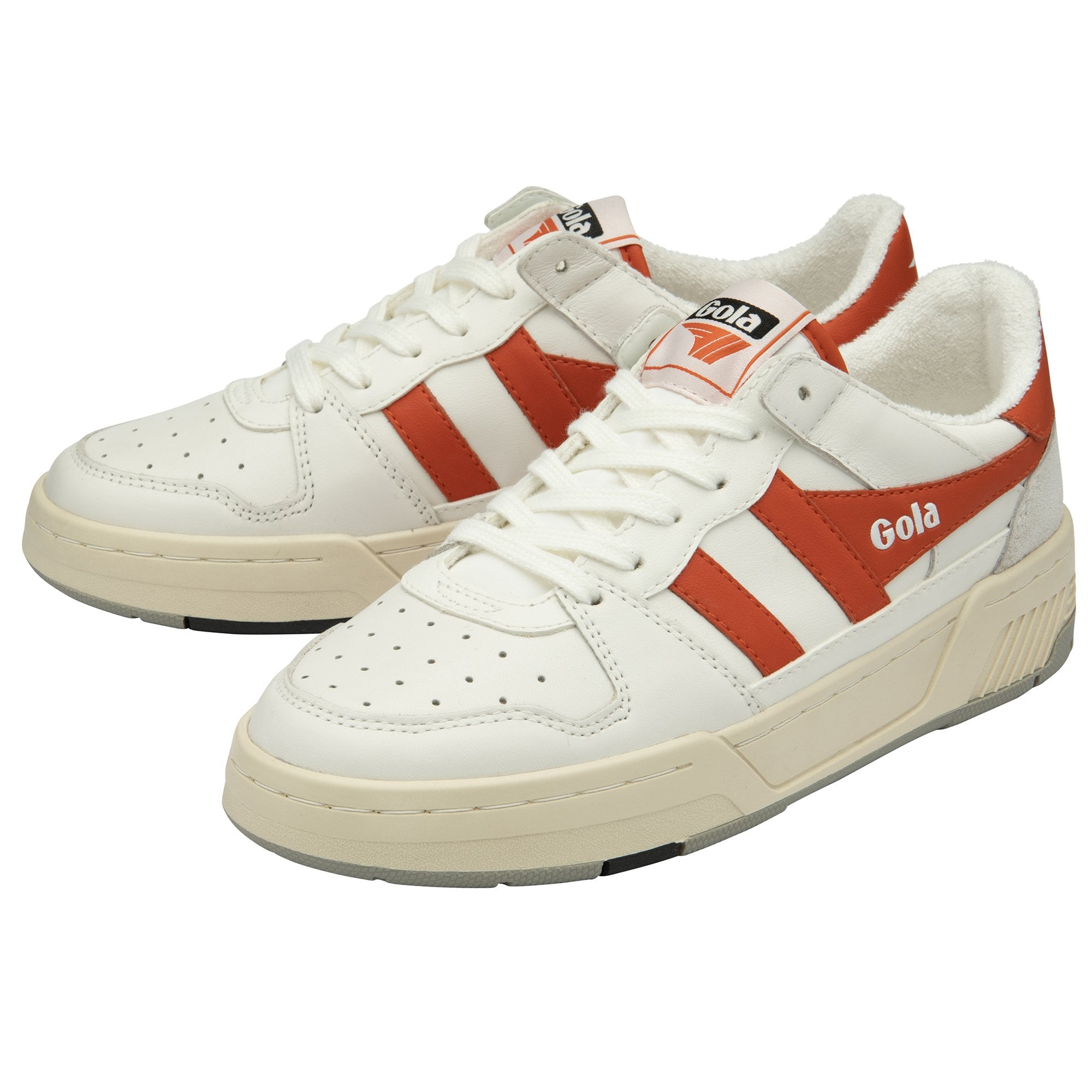 A pair of white and orange Gola sneakers, viewed from the side.