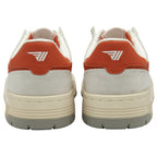 A pair of white and orange Gola sneakers, viewed from the back.