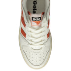 A single white and orange Gola sneaker, viewed from the top front.