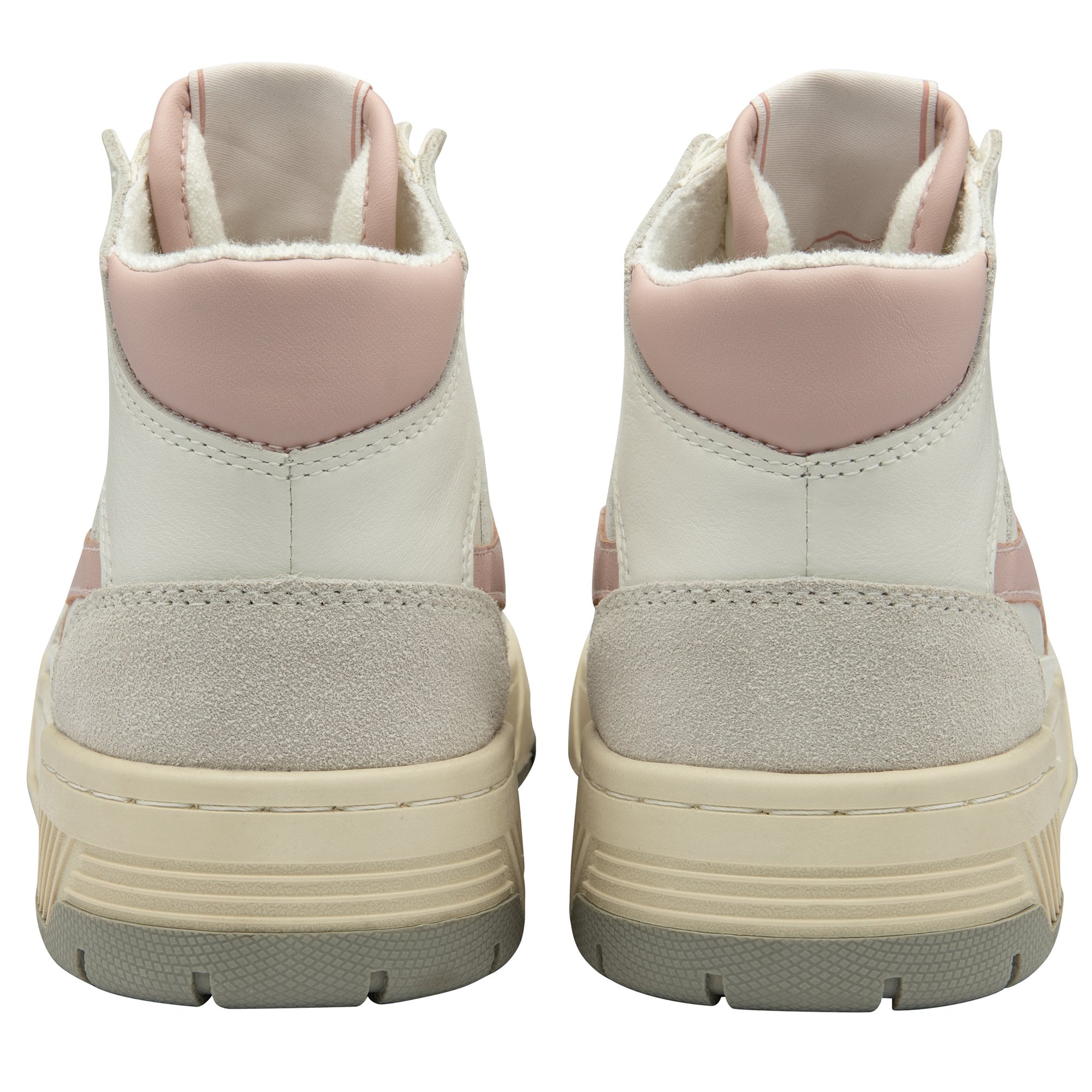 Rear view of two white and pink Gola high-top sneakers, showing the heel detailing.
