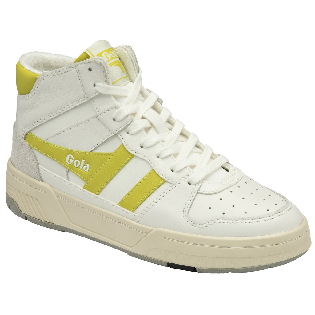 Left side view of a white Gola high-top sneaker with yellow accents on a white background.