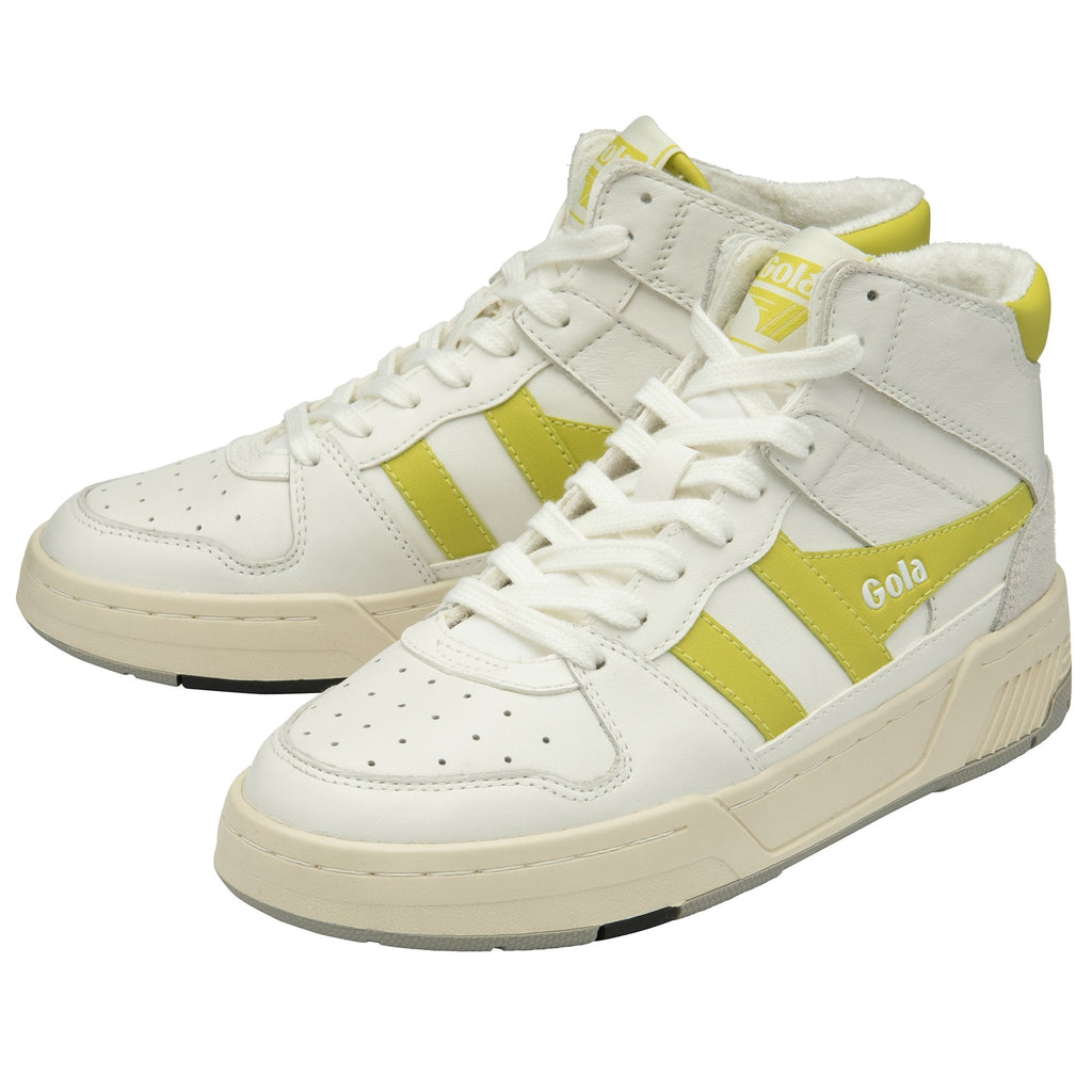 Pair of white Gola high-top sneakers with yellow accents, angled on a white background.
