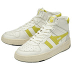Pair of white Gola high-top sneakers with yellow accents, angled on a white background.