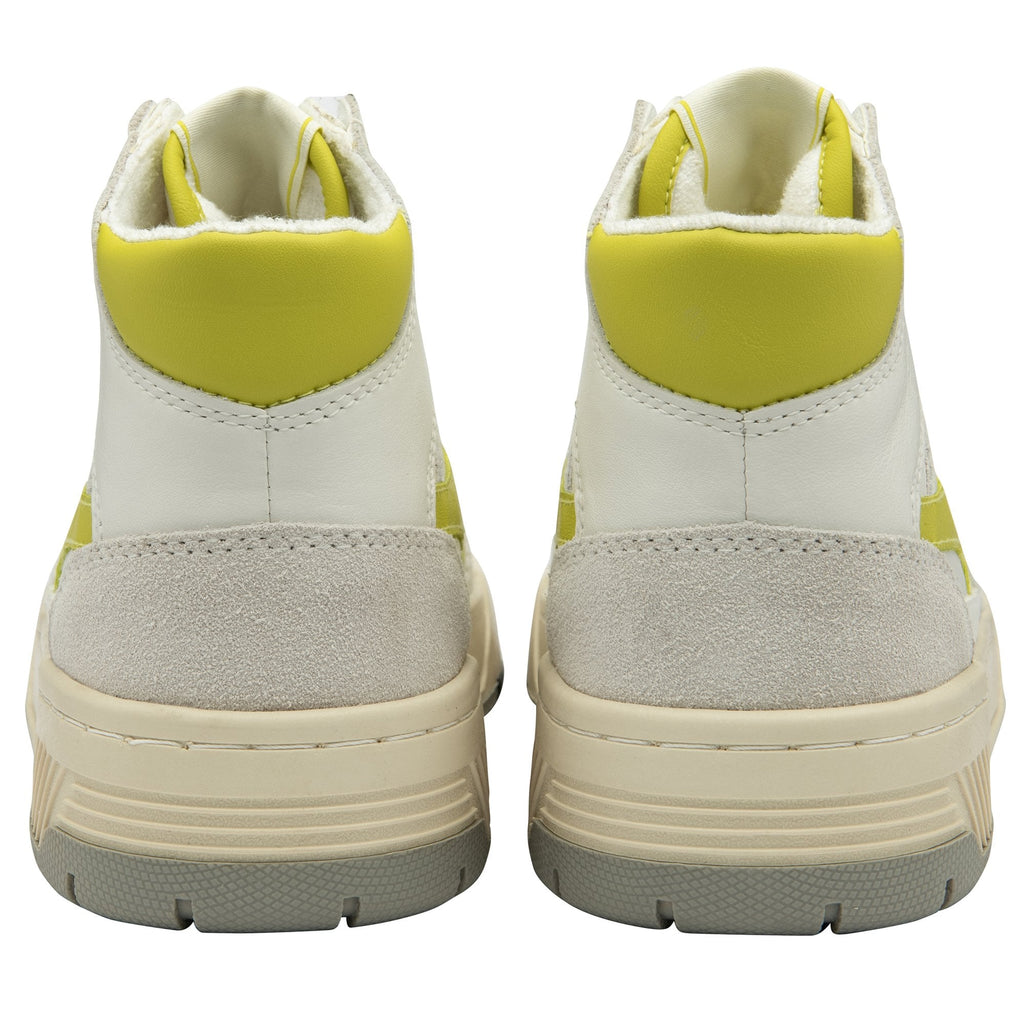 Rear view of a pair of white Gola high-top sneakers with yellow heels on a white background.