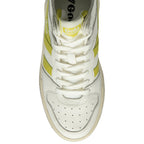 Top-down view of a white Gola high-top sneaker with yellow details and laces.